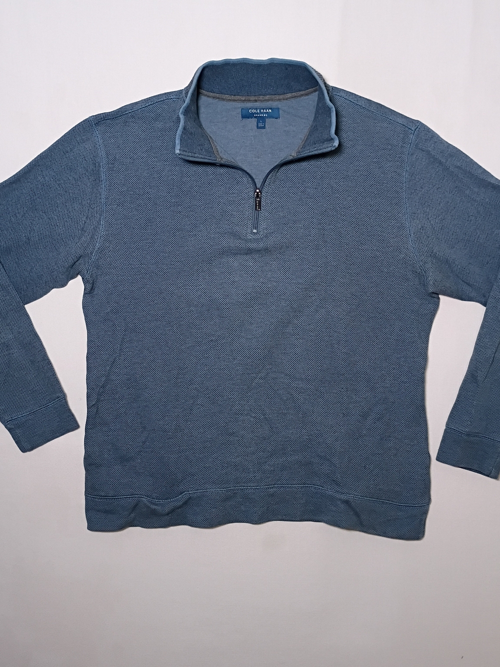 Cole Haan Grand OS Mens Pullover 1/4 Zip Sweater Large Blue Textured Mock Neck